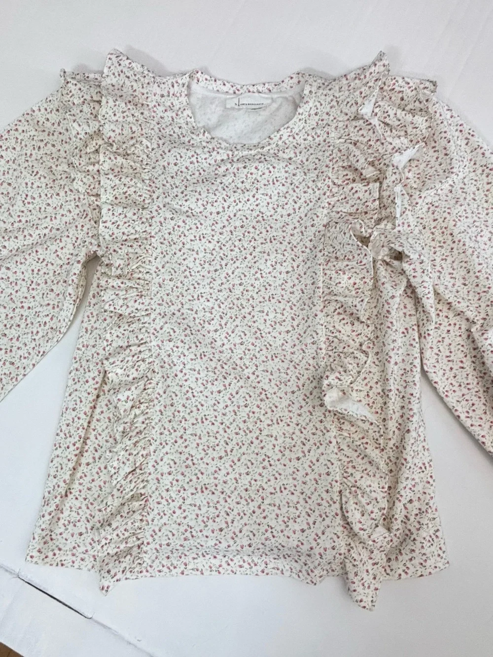 Anthropologie Blouse Dainty Pink Floral Print Ruffle Long Sleeve Blouse Large